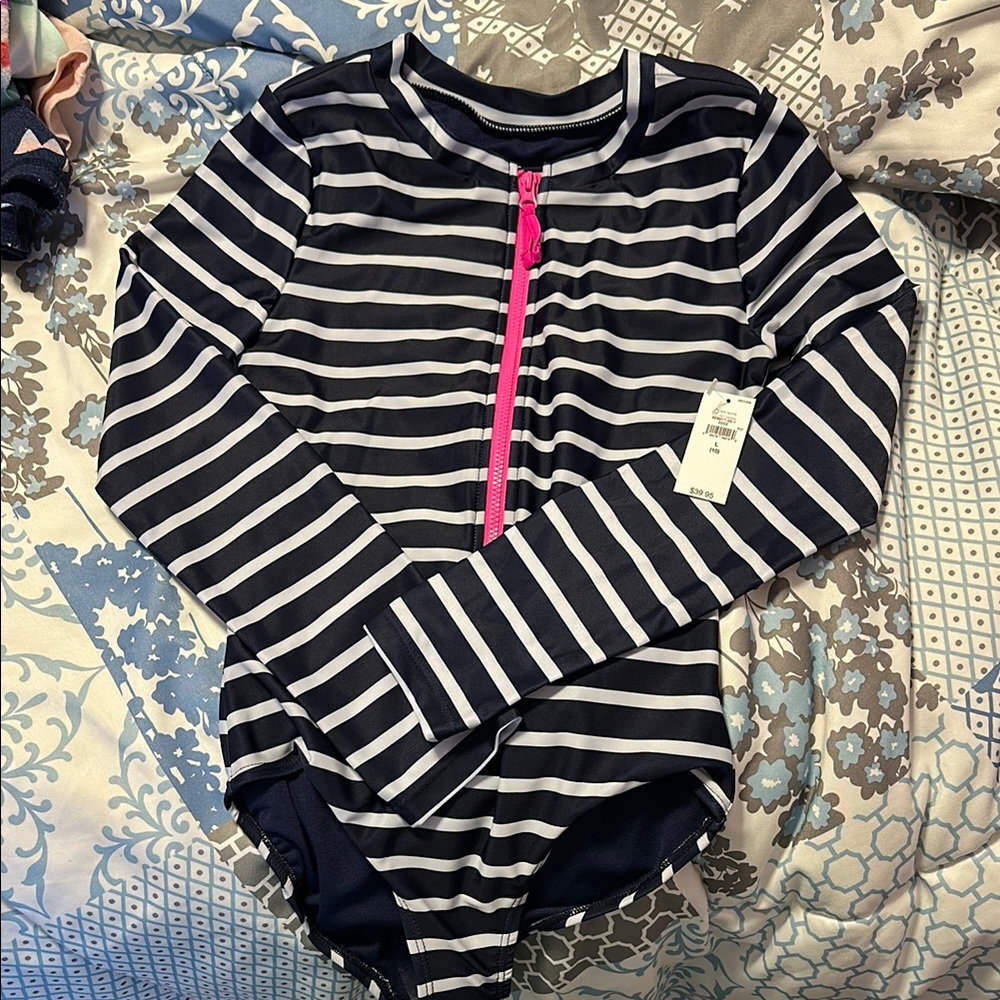 NWT Gap Kids Striped Long Sleeve Swimsuit with Pink Zipper